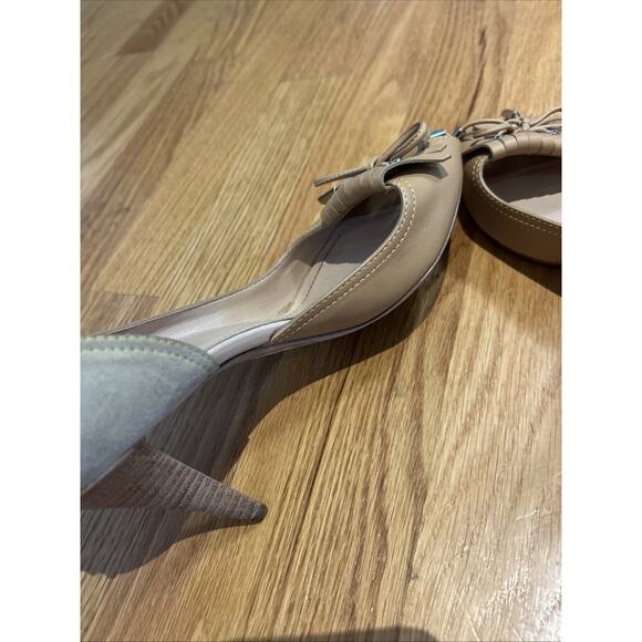 Tod's tan/Beige Leather Suede Peep Toe Dosary Pumps Size 7 studs bow front Italy - Picture 5 of 15